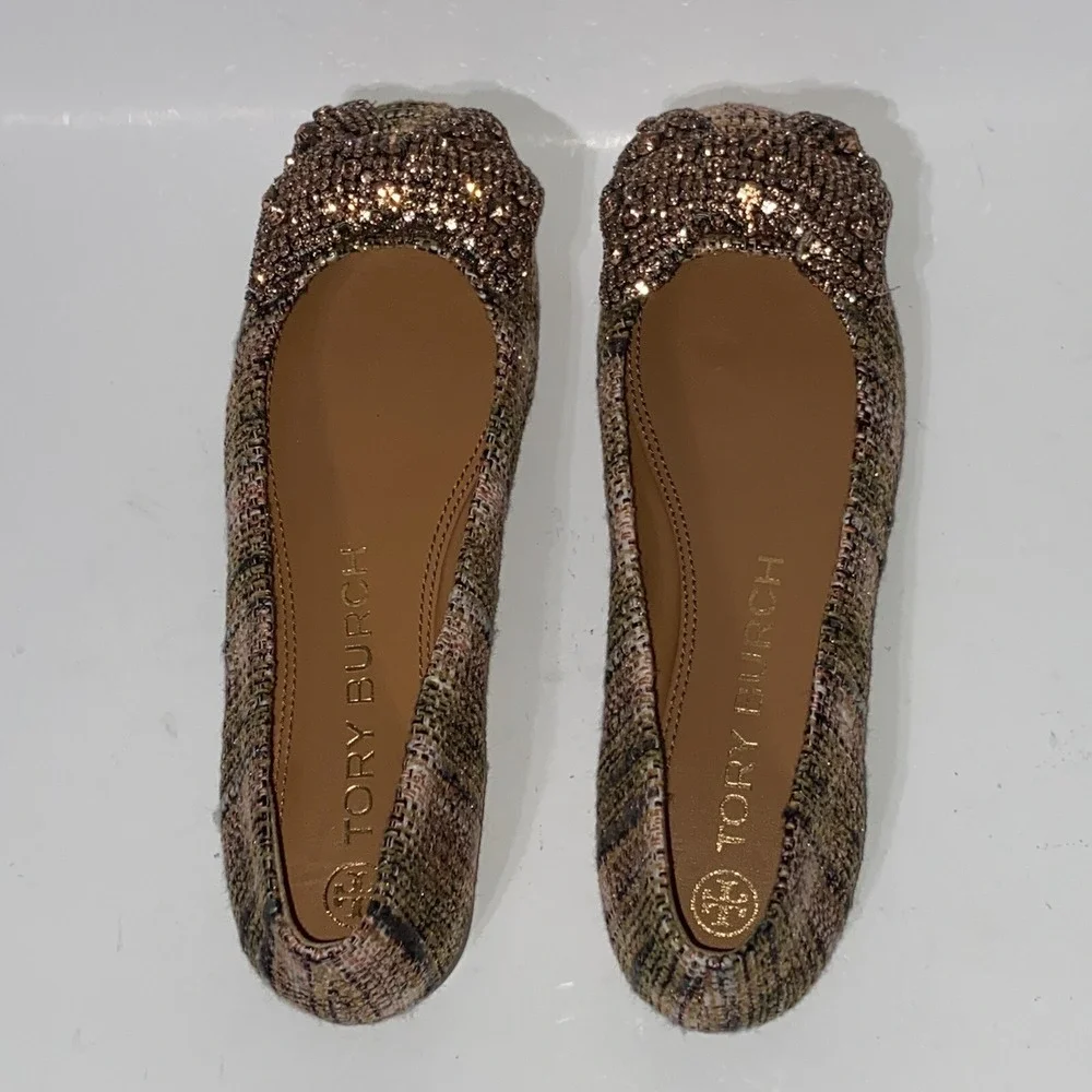 Tory Burch Crystal Bow Pink Tweed Ballet Flats Rose Gold Bronze Women's 5 $328
